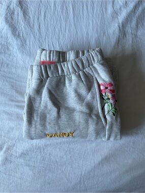 Dandy Women's Heather Gray Wide Leg Sweatpants with Pink Floral Embroidery